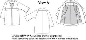 Technical drawings of the Positive Space Jacket  View A, an unlined jacket with a plain collar. The jacket has large bust darts, raglan sleeves with a slight bell shape, and a large triangular collar that spreads from the neckline to the shoulders. The closure is a single button and loop at the bust. Inside views show bound seams on the unlined jacket,  with 3-inch wide facings and 1.5-inch wide hems.