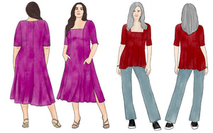 Fashion illustrations of a dress and top. Both garments have square necklines, elbow-length sleeves and back darts. The dress, on a brown-haired model, has slouchy pockets and a split hem that falls below the knee. The model styled the pink dress with strappy sandals. The top, on a model with gray hair, has a slight handkerchief hem at the low hip. The model styled the top with jeans and sneakers.