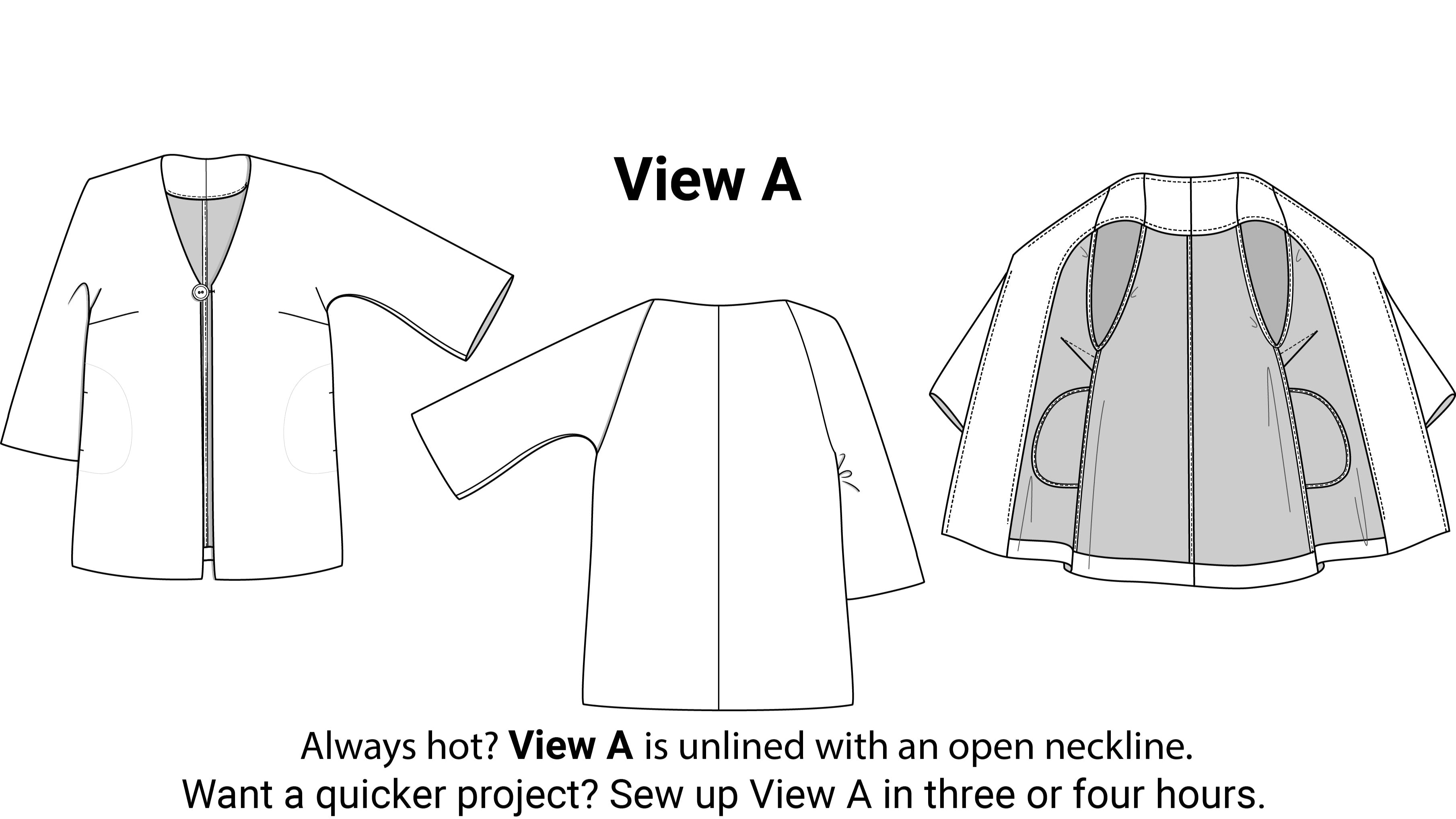 Technical drawing of a raglan jacket with slight bell sleeves and a center front button closure labeled 'View A' showing an open neckline.
