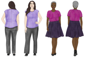 Fashion illustrations of the Sublime Shell - a raglan-sleeved top with bust and back darts and a keyhole back. The model on the left is wearing a cap-sleeved lilac top with a purple neckline binding. The model on the right is wearing a pink top with short sleeves and a faced neckline.