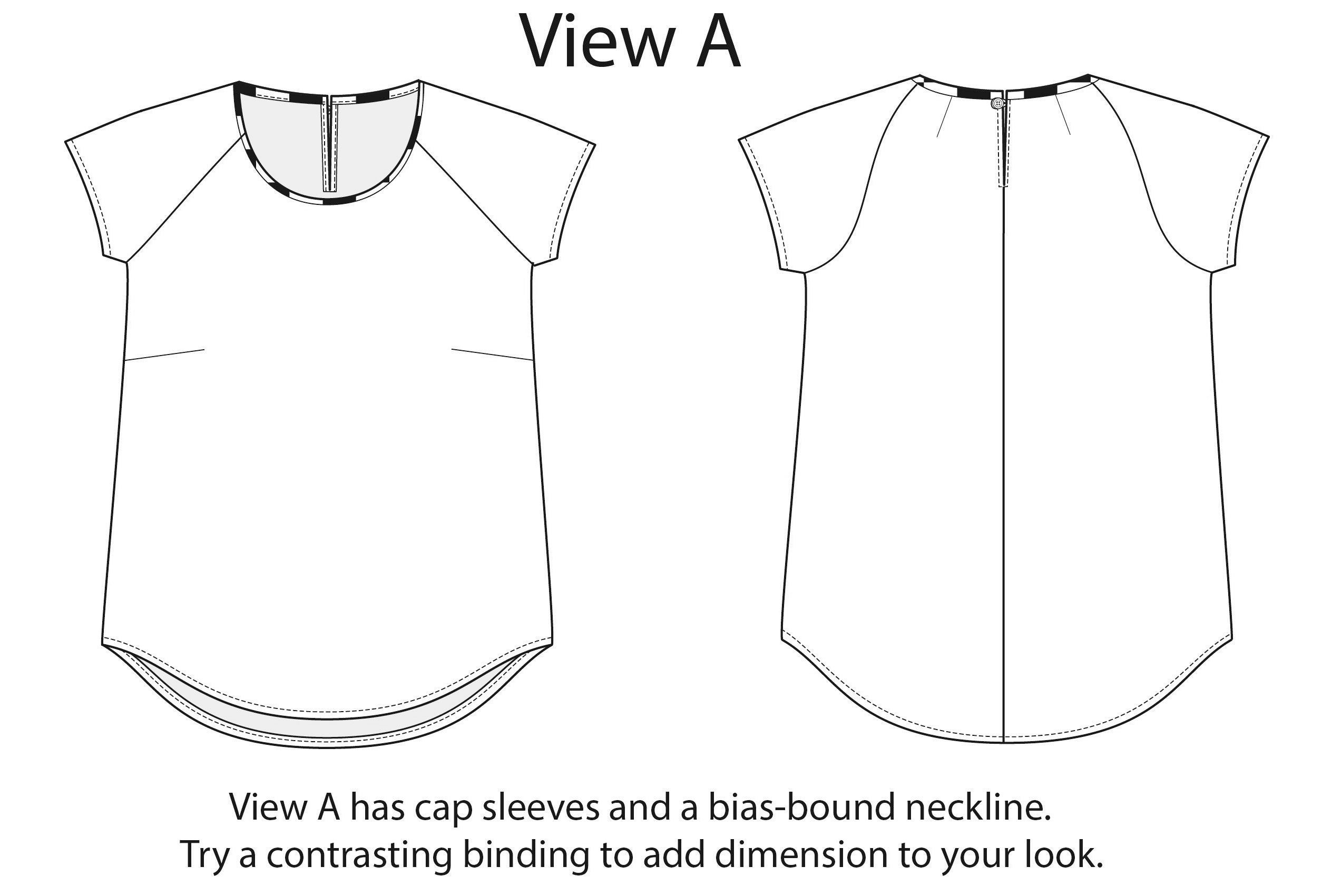 Line drawings of a raglan-sleeved top with bust and back-shoulder darts, cap sleeves and a contrasting bound neckline.