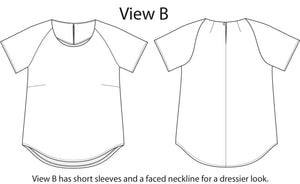 Line drawings of a raglan-sleeved top with bust and back-shoulder darts, short sleeves and a faced neckline.