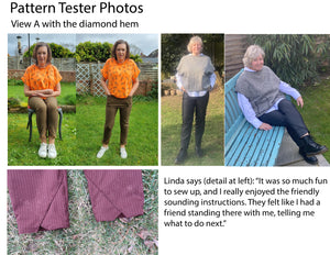 Fashion photos of models standing and seated in close-fitting trousers with angled front pockets, front and back darts, a high waist and a diamond-shaped inset at the hem. There also is a close-up of the hem detail.