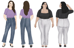 Fashion illustrations of models wearing close-fitting trousers with angled front pockets, front and back darts and a high waist. The trousers on model on the left have a split hem, styled with heeled sandals and a raglan-sleeved top. The trousers on model on the right have a diamond-shaped inset at the hem, accentuated with topstitching, and are styled with heeled trousers and a square-necked, short-sleeved top.