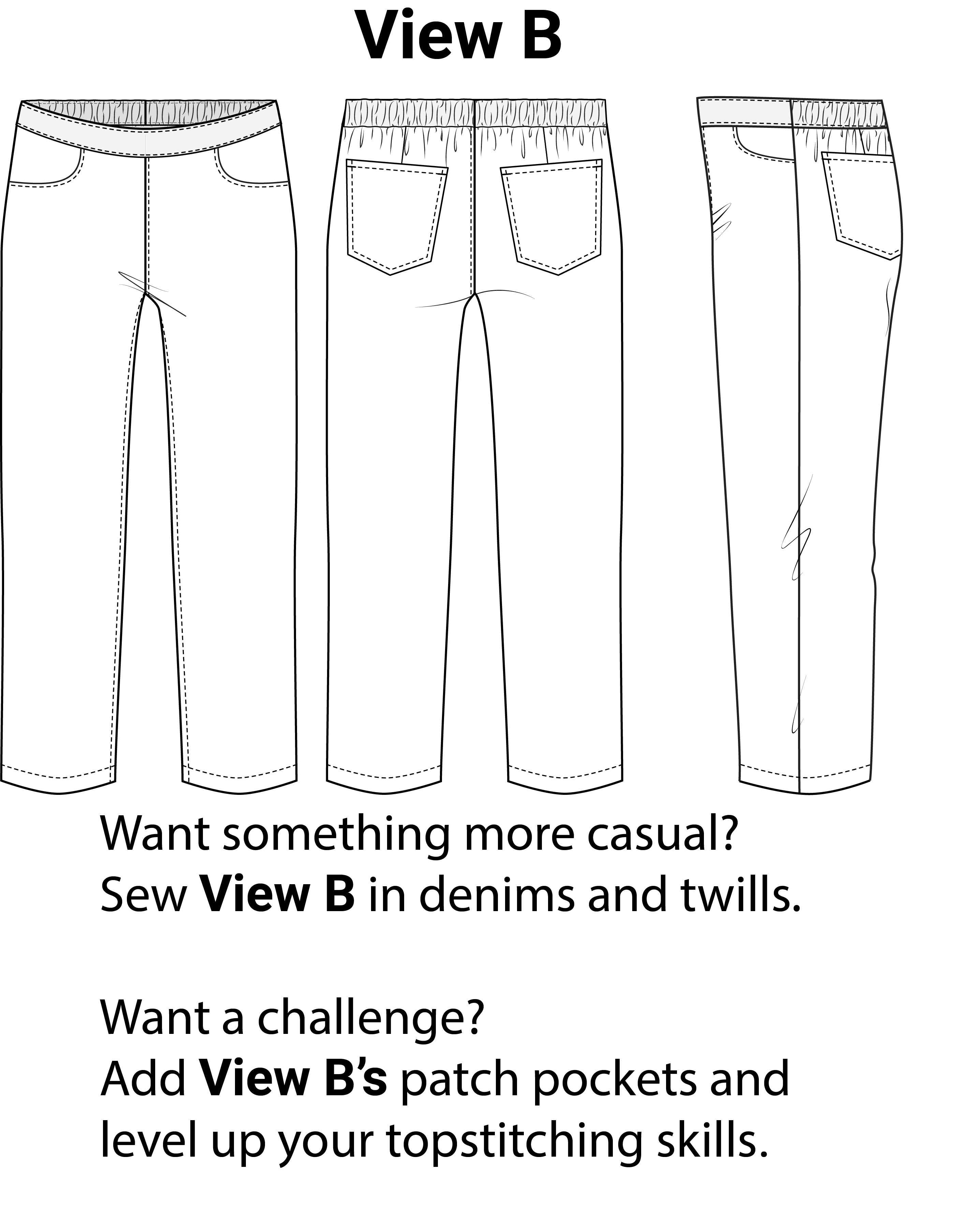A line drawing of View B of the Secret Jeans Trousers. The trousers have jeans-style front pockets with an ankle-length hem. The waistband sits at the natural waist with back elastic. View B is a mock jean with topstitching and back pockets.