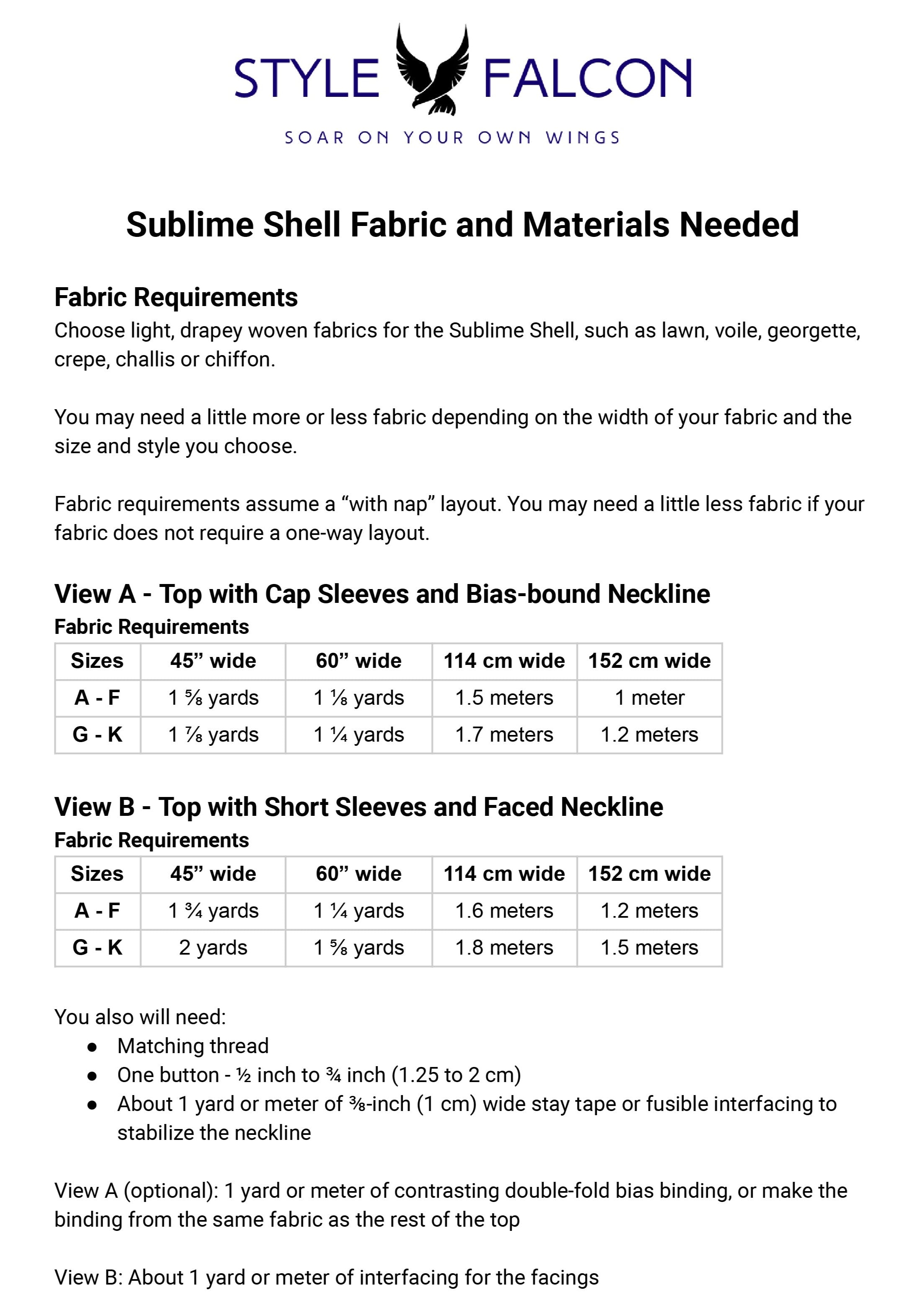 A chart describing the fabric and other materials needed to make the Sublime Shell.