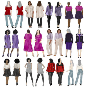 Fashion illustrations showing a variety of shirts, pants, skirts, dresses and jackets on models of various ages, sizes, races and shapes.