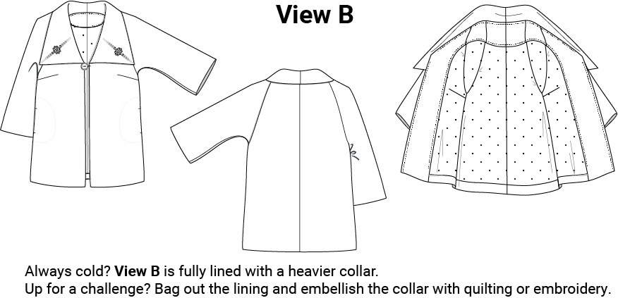 Technical drawings of the Positive Space Jacket View B, a lined jacket with an embellished collar. The jacket has large bust darts, raglan sleeves with a slight bell shape, and a large triangular collar that spreads from the neckline to the shoulders. The closure is a single button and loop at the bust. The inside view shows a lining, with 3-inch wide facings and 1.5-inch wide hems.