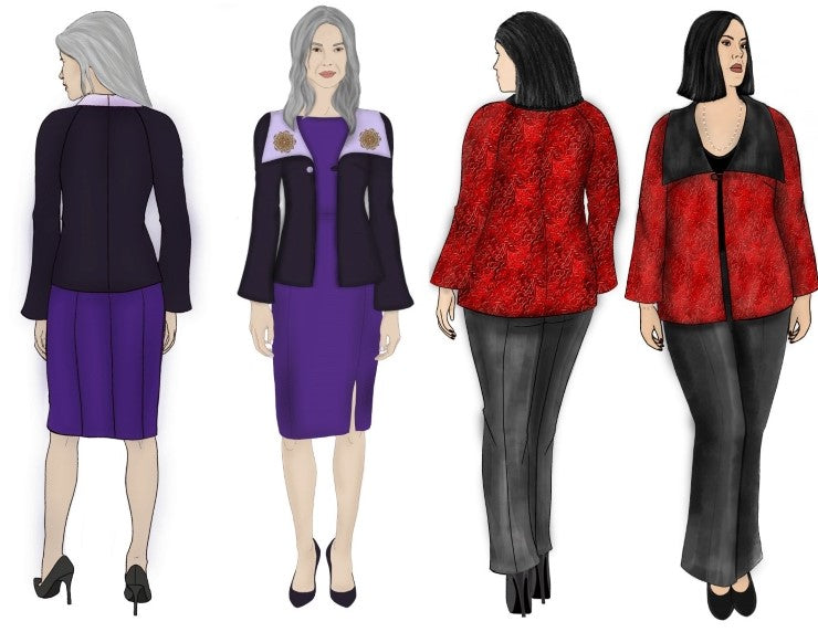 Fashion illustrations of the Positive Space Jacket. The jacket shown on two models has large bust darts, raglan sleeves, and a large triangular collar that spreads from the neckline to the shoulders. The closure is a single button and loop at the bust. The jacket finishes at the low hip with bracelet-length sleeves. View A is shown on a larger-sized white model, in a red textured brocade fabric and a plain black collar. View B is on a smaller-sized white model and shows an embroidered collar.