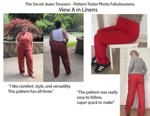 Pattern testers in the Secret Jeans Trousers view A in linens.  The trousers have jeans-style front pockets with an ankle-length hem. The waistband sits at the natural waist with back elastic.