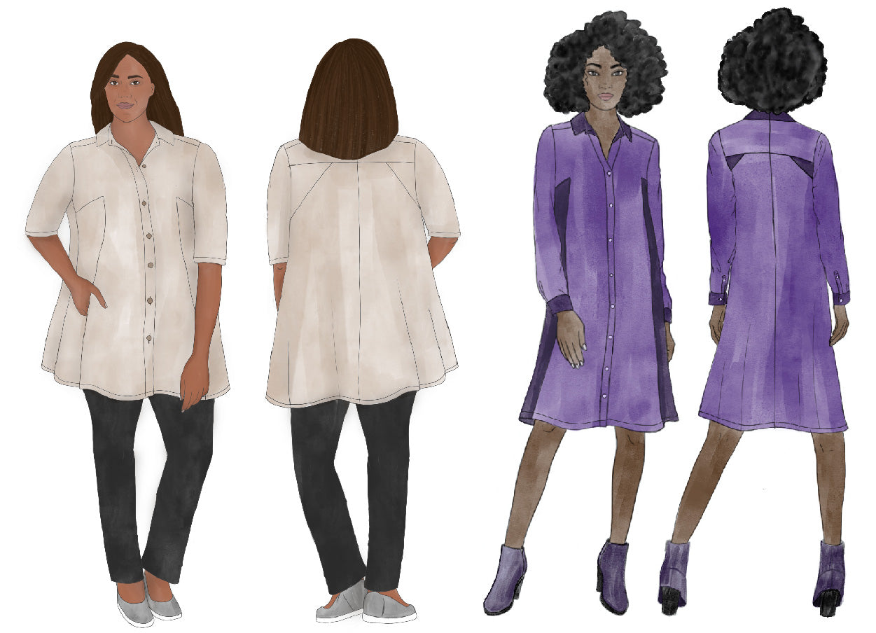 Fashion illustrations of the Style Falcon Make a Point Shirt and Dress. The shirt, shown on a larger-sized model, has short sleeves that end at the elbow and a hem that falls mid-thigh. The dress, shown on a smaller-sized model, has long sleeves with cuffs and plackets and is hemmed just above the knee. Both garments have a collar with collar stand, with a button front.  They also have a split back yoke, back shoulder panels and a center-back seam.