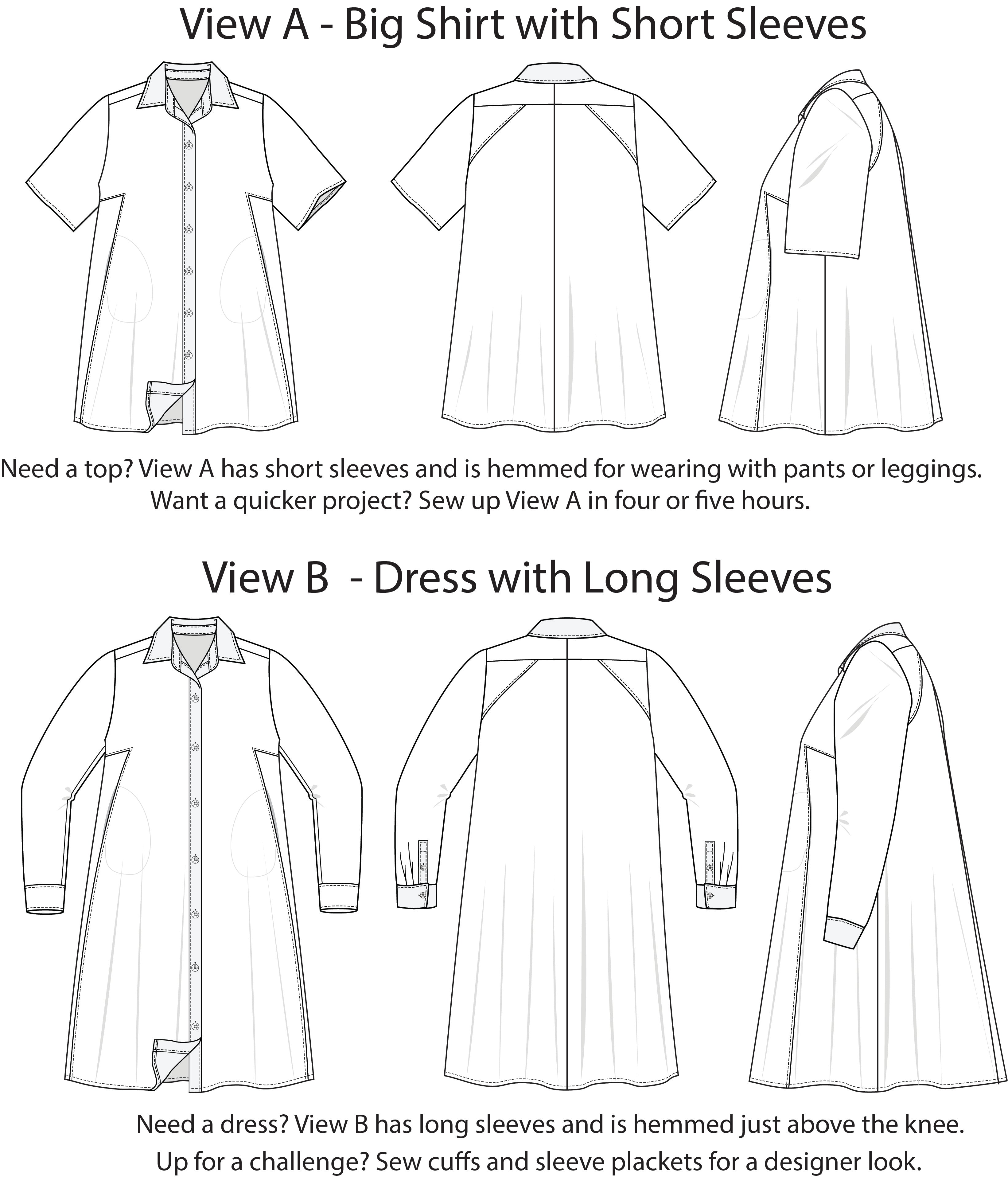 Technical drawings of the Make a Point Dress. View A is a big shirt with short sleeves. View B is a dress with long sleeves, including cuffs and plackets. Both versions have angled princess seams in side panels, concealed front pockets, and a collar and collar stand. On the back, both versions have a split yoke, shoulder panels and a center-back seam.