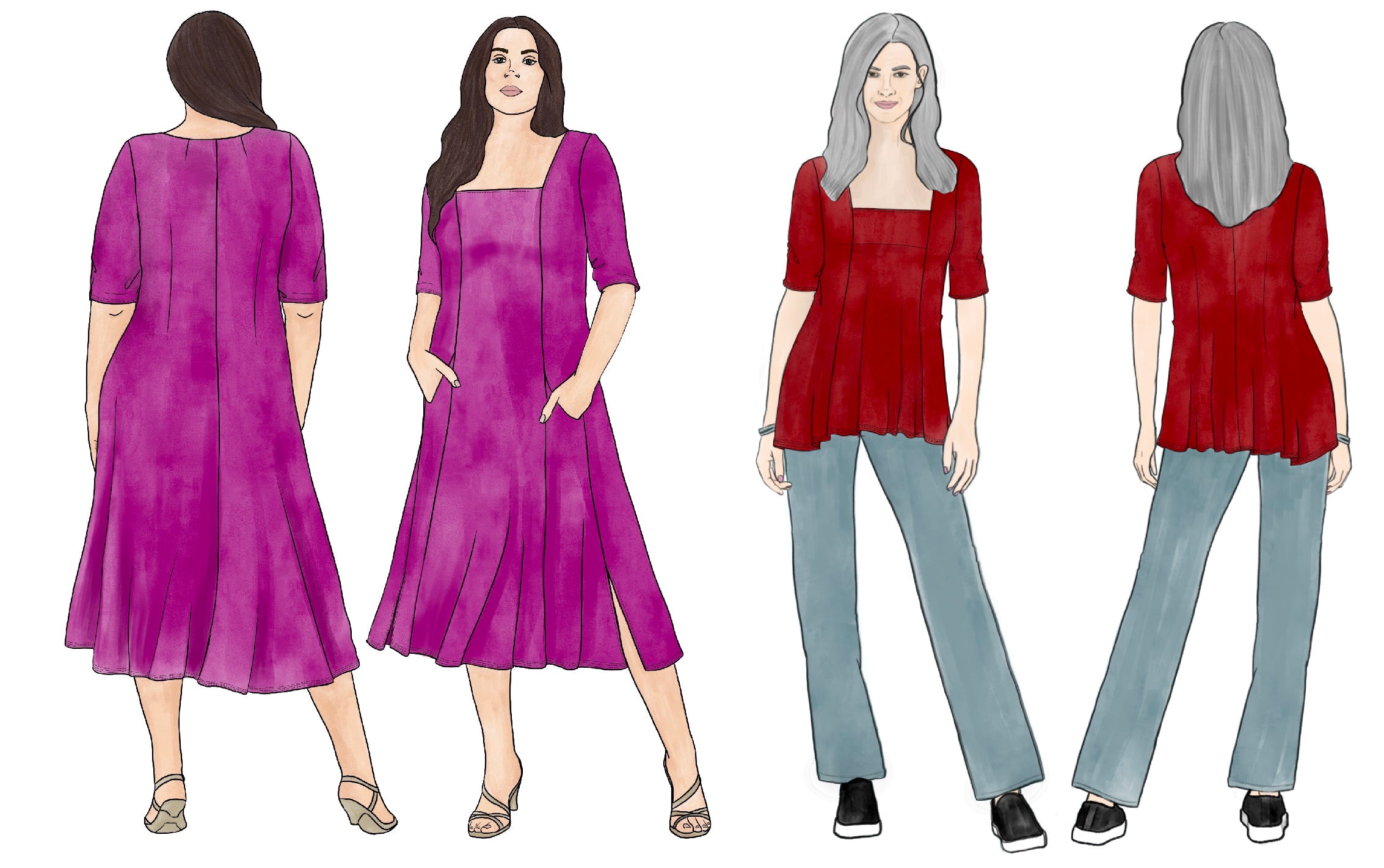 Fashion illustrations of a dress and top. Both garments have square necklines, elbow-length sleeves and back darts. The dress, on a brown-haired model, has slouchy pockets and a split hem that falls below the knee. The model styled the pink dress with strappy sandals. The top, on a model with gray hair, has a slight handkerchief hem at the low hip. The model styled the top with jeans and sneakers.
