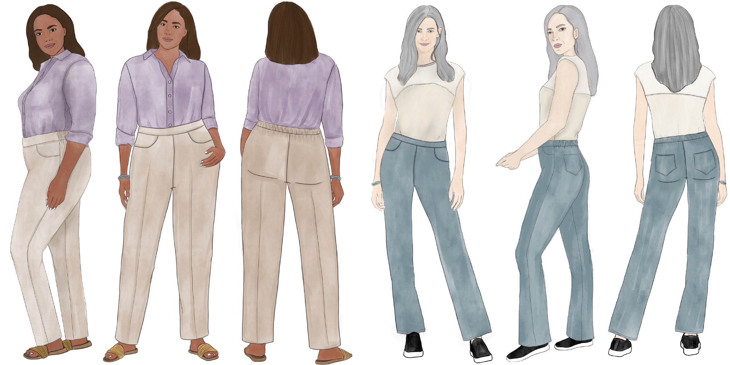 View A of the Secret Jeans Trousers on a larger-sized model. The trousers have jeans-style front pockets with an ankle-length hem. The waistband sits at the natural waist with back elastic. The illustration shows the model wearing the trousers with a button-down shirt tucked in and flat sandals.