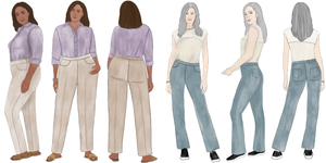 View A of the Secret Jeans Trousers on a larger-sized model. The trousers have jeans-style front pockets with an ankle-length hem. The waistband sits at the natural waist with back elastic. The illustration shows the model wearing the trousers with a button-down shirt tucked in and flat sandals.